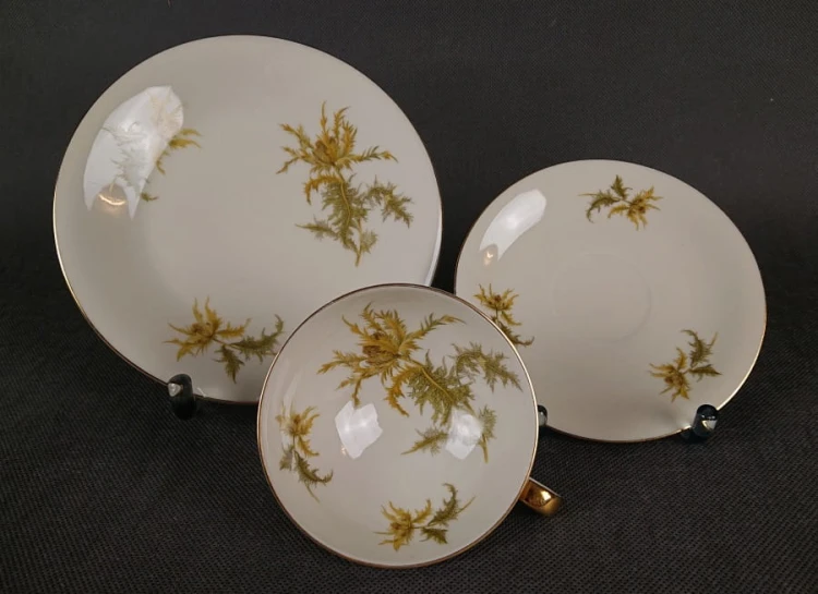 Zestaw śniadaniowy z niemieckiej fabryki porcelany Hertel Jacob & Co. to elegancki komplet składający się z filiżanki, spodka i talerza deserowego. Elementy wykonane są z białej, szkliwionej porcelany i zdobione motywami ostów i złotymi akcentami.
