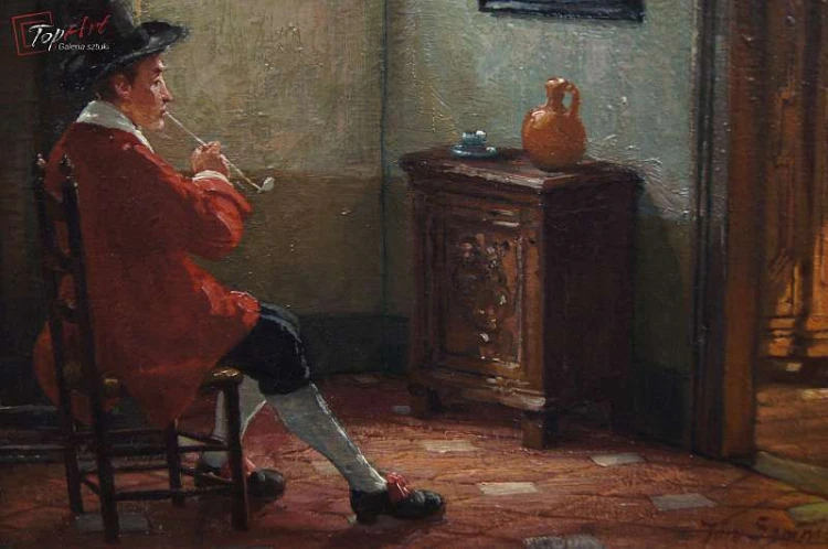 Stary obraz Scena we wnętrzu Jörg Sommer ur.1881r 