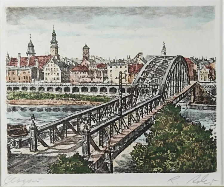 Kolorowa akwaforta Głogów - Glogau - Richard Adler