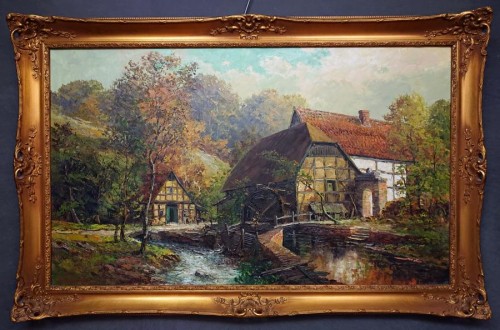 Nastrojowa kompozycja olejna na płótnie, przedstawiająca tradycyjny młyn wodny