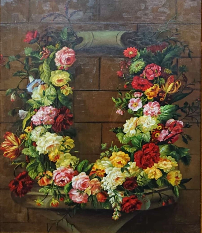 „Girlanda barokowa” (lata 80. XX w.) Klasyczna martwa natura na płótnie, przedstawiająca obfitą girlandę róż, tulipanów i maków na tle ceglanego muru.