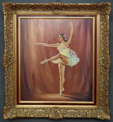 „Baletnica” (lata 60. XX w.) Efektowna martwa natura z postacią tancerki, namalowana techniką olejną na płótnie.