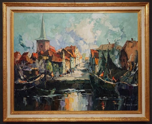 Stary obraz olejny malowany szpachlą na płótnie. Duży obraz do salonu, przedstawia portowe nabrzeże z widokiem na wedutę i zatłoczoną ulicę główną.