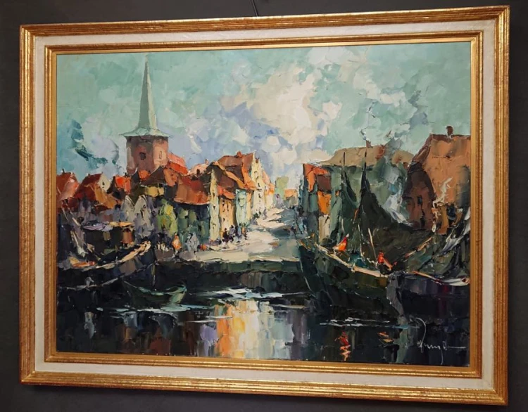 Na ciemnej tafli wody unoszą się łodzie. Artysta genialnie oddał refleksy świetlne na wodzie, używając kontrastowych plam bieli, błękitu i ciepłego pomarańczu.