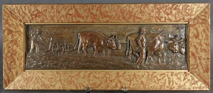 Orka w polu wołami ⭐ Przedwojenna plakieta w ramie