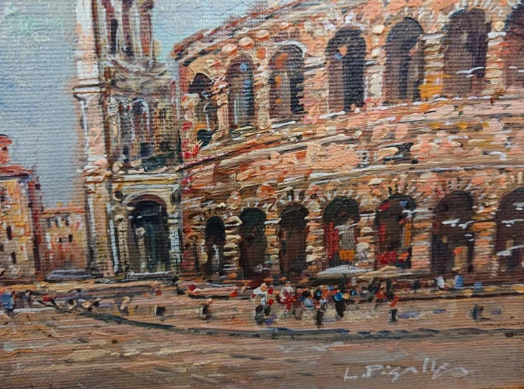 Widok ogólny obrazu „Verona - L'Arena” w ozdobnej, złotej ramie.
