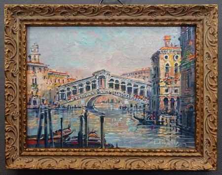 Luigi Pigalle "Venezia - Rialto" – Oryginalny Obraz Olejny z Certyfikatem w Złoconej Ramie