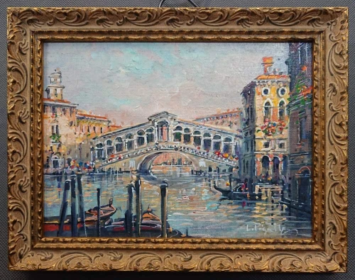 Luigi Pigalle "Venezia - Rialto" – Oryginalny Obraz Olejny z Certyfikatem w Złoconej Ramie
