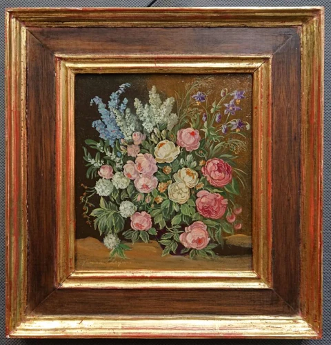 Urok Barokowej Natury – Sygnowana Martwa Natura z Bukietem Kwiatów w Złotej Ramie