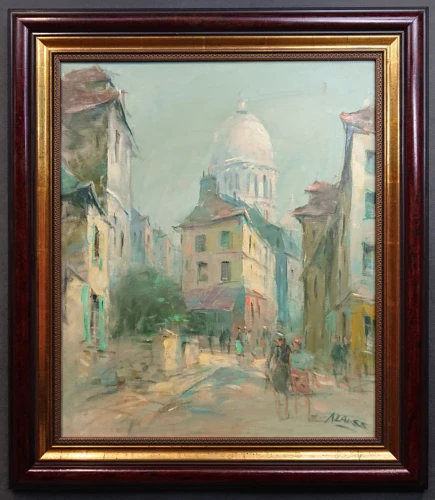 „Paryski świt” (lata 60. XX w.) Impresjonistyczny widok na paryską ulicę z sylwetką bazyliki Sacré-Cœur w tle.