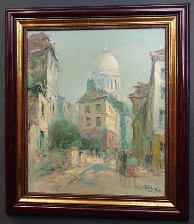 Obraz przedstawia widok na paryską ulicę w dzielnicy Montmartre. W tle góruje monumentalna, jasna kopuła bazyliki Sacré-Cœur.JPG