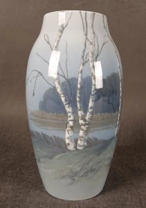 Duński Wazon Porcelanowy B&G | Pejzaż z Brzozami i Jeziorem | Bing & Grøndahl | Skandynawski Vintage