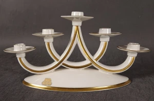 Porcelanowy Świecznik 5-Ramienny Lindner Kueps | Klasycyzm i Złoto | Vintage 1948 r. | Unikat z Nalepką