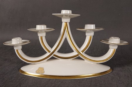 Duży porcelanowy świecznik pięcioramienny Lindner z 1948 roku ze złotem