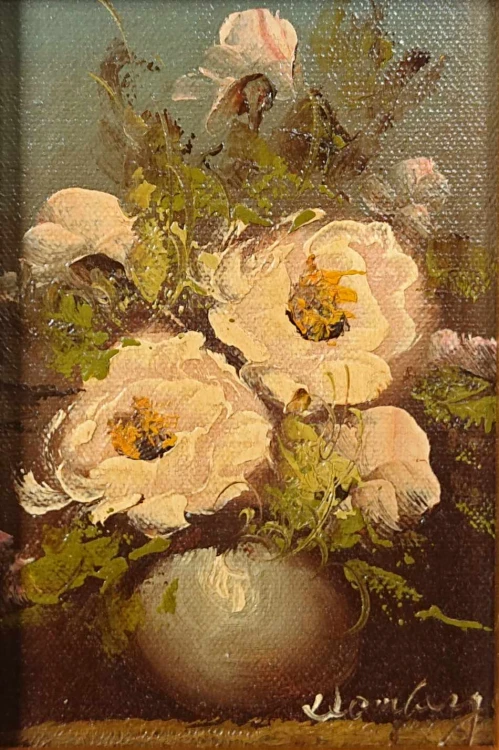 Oryginalna sygnatura „Domberg” w prawym dolnym rogu miniatury olejnej z kwiatami z lat 70.
