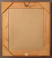 Tył (rewers) starej miniatury malarskiej, widoczna drewniana konstrukcja ramy, płyta malarska oraz metalowy metalowy hak do zawieszenia.