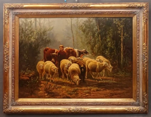 Duży obraz olejny na desce mahoniowej Henriego De Beula z 1872 roku, przedstawiający pasterkę i stado owiec oraz krów we mgle, w złotej pałacowej ramie.