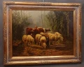Duży obraz olejny na desce mahoniowej Henriego De Beula z 1872 roku, przedstawiający pasterkę i stado owiec oraz krów we mgle, w złotej pałacowej ramie.
