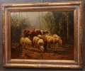 Duży obraz olejny na desce mahoniowej Henriego De Beula z 1872 roku, przedstawiający pasterkę i stado owiec oraz krów we mgle, w złotej pałacowej ramie.