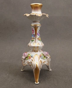 Porcelanowy Świecznik Drezno Dresden | Ręcznie Malowany Flakonik Świecznikowy z Kwiatami 3D | Sygnatura H. Koch | Vintage Lata 1928–1949