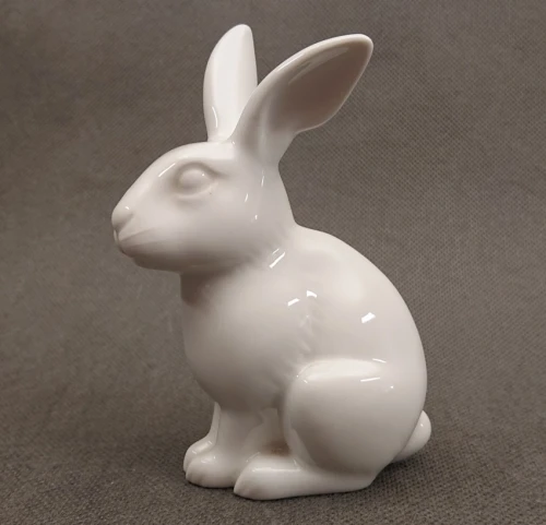 Porcelanowa figurka śnieżnobiałego siedzącego zająca marki KPM Berlin, widok z lewego profilu