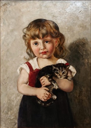 Portret dziewczynki z kotkiem M. Osswald 1889, ujęcie samego płótna olejnego bez ramy