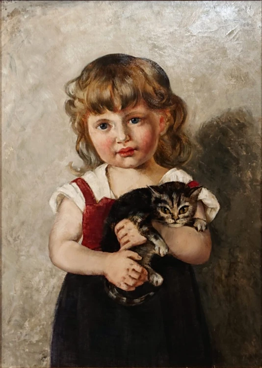 Portret dziewczynki z kotkiem M. Osswald 1889, ujęcie samego płótna olejnego bez ramy