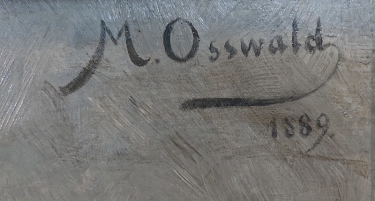 Detal odręcznego podpisu malarza M. Osswald 1889 namalowanego ciemną farbą w prawym górnym rogu płótna.