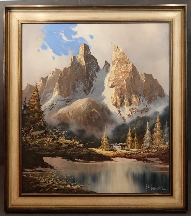 Obraz olejny na płótnie J.E. Lemkego przedstawiający masyw Monte Cristallo w Dolomitach zaprezentowany w szerokiej jasnej ramie