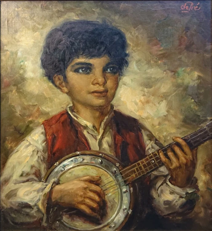 Pełne ujęcie kompozycji portretowej chłopca z banjo z bliska bez ramy