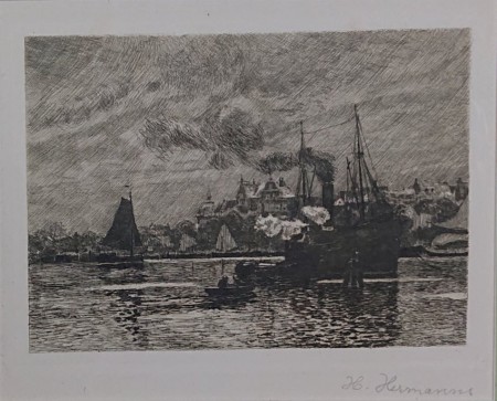 Widok z przodu na marynistyczną grafikę Heinrich Hermanns z parowcem