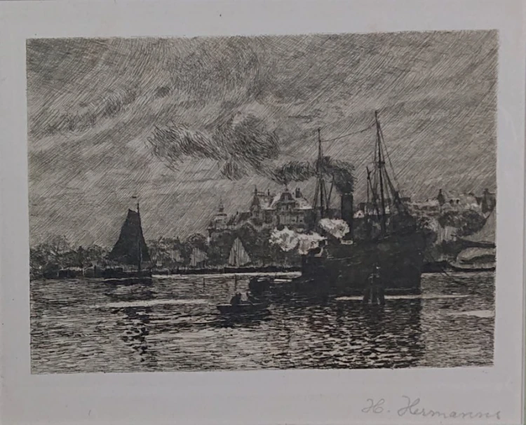 Widok z przodu na marynistyczną grafikę Heinrich Hermanns z parowcem