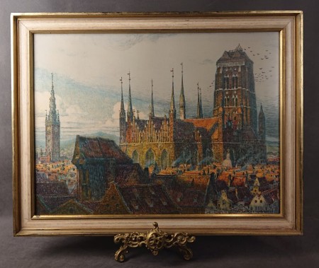 Litografia barwna Widok na Gdańsk i Kościół Mariacki Th. Urtnowskiego w złoconej ramie