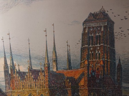 Widok ogólny na chromolitografię z panoramą Gdańska w oprawie z passe-partout