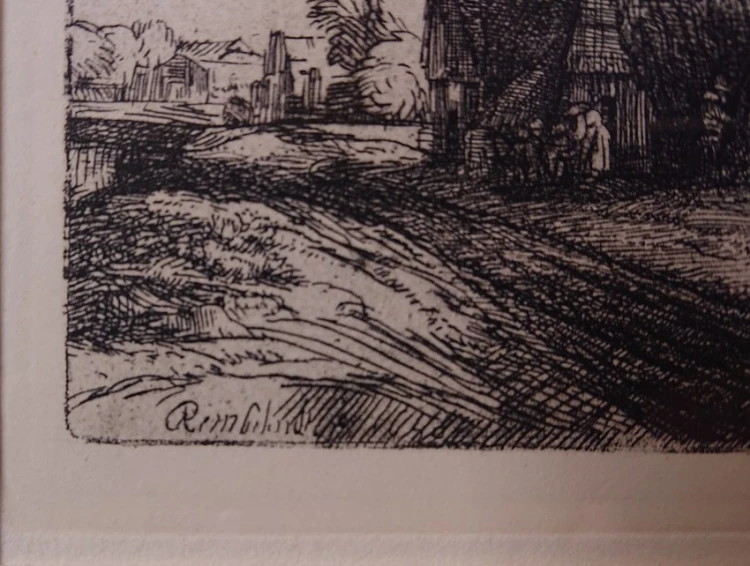 Zbliżenie na sygnaturę Rembrandt w dolnym narożniku heliograwiury