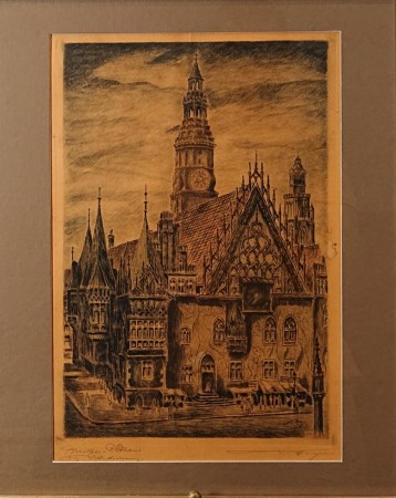 Front grafiki Ratusz w Breslau lata 20-30 Waldemar Hoya w ramie