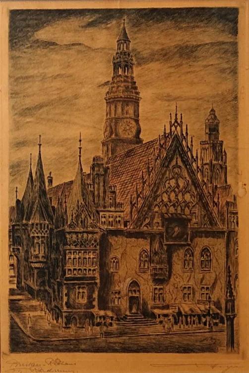 Lico ryciny z widokiem Ratusza we Wrocławiu w świetle passe-partout
