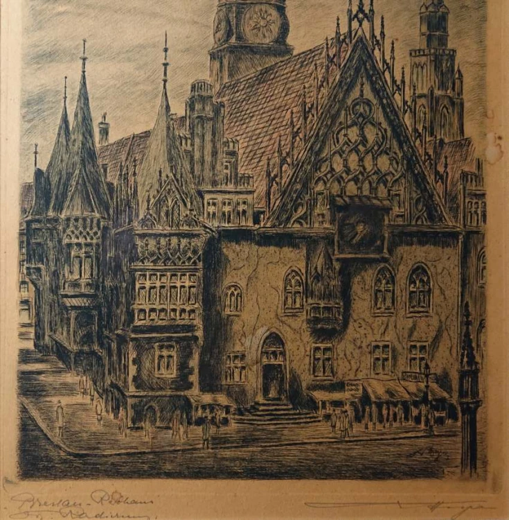 Akwaforta Waldemar Hoya Ratusz we Wrocławiu w widoku ogólnym