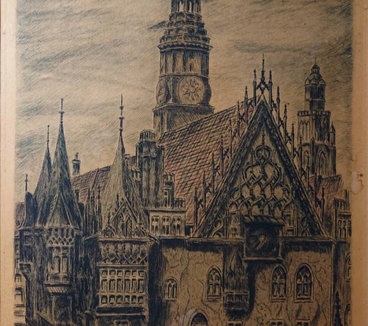 Detal elewacji wschodniej Ratusza we Wrocławiu z misternym szczytem i zegarem
