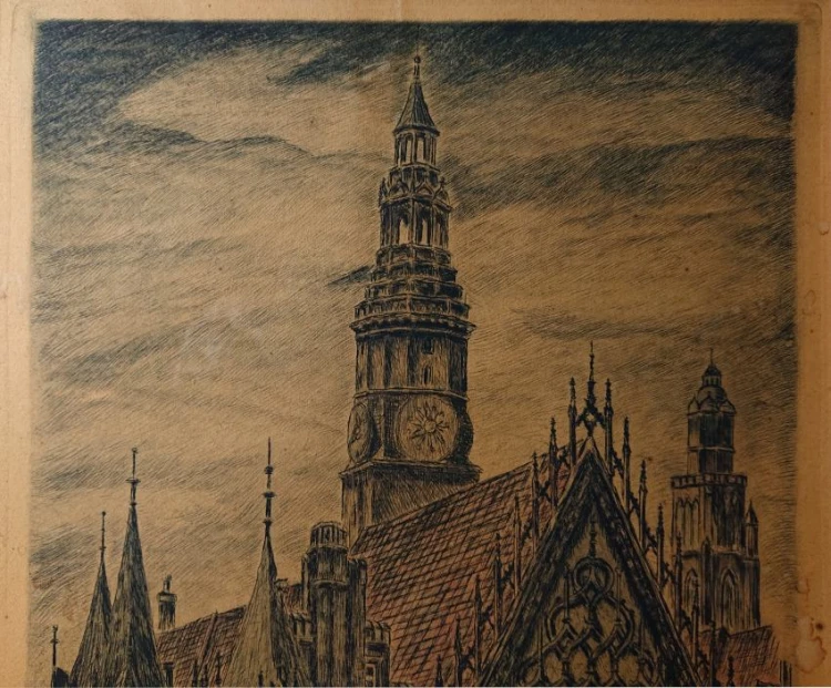 Zbliżenie na wieżę Ratusza wrocławskiego i gotyckie detale na grafice