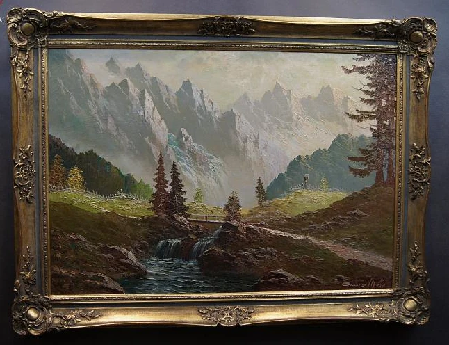 Obraz olejny Gustav Weiss GUWE Pejzaż górzysty w rzeźbionej ramie