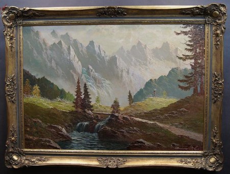Całość obrazu olejnego Alpy Tyrol dolina Pitztal w bogatej ramie złoconej