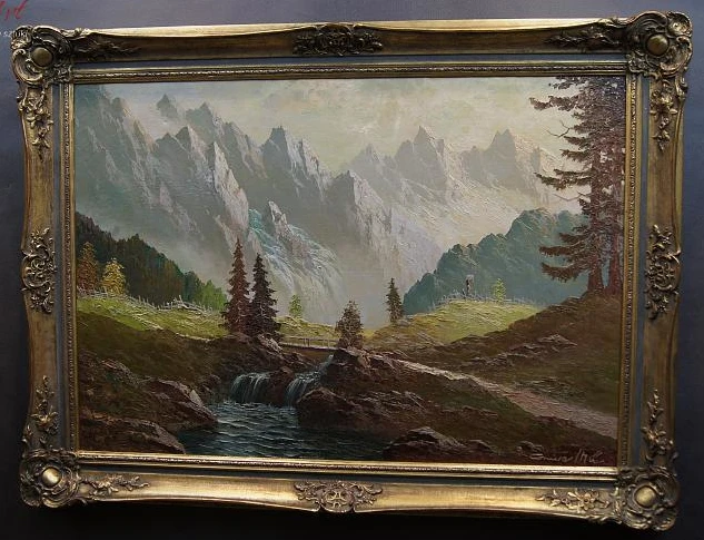 Pejzaż z Tyrolu Gustav Weiss GUWE Górskie szczyty obraz olejny w ramie