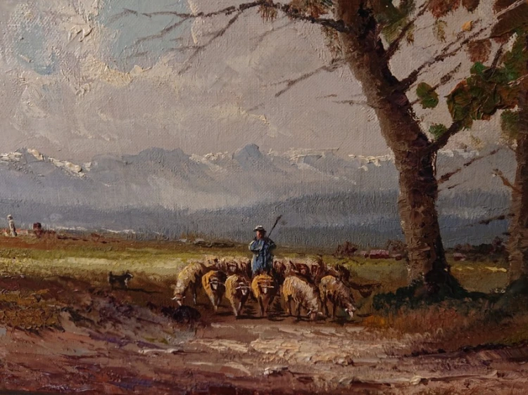 Detal sceny rodzajowej pasterz z owcami i psem na leśnym dukcie Otto Carl Schuster