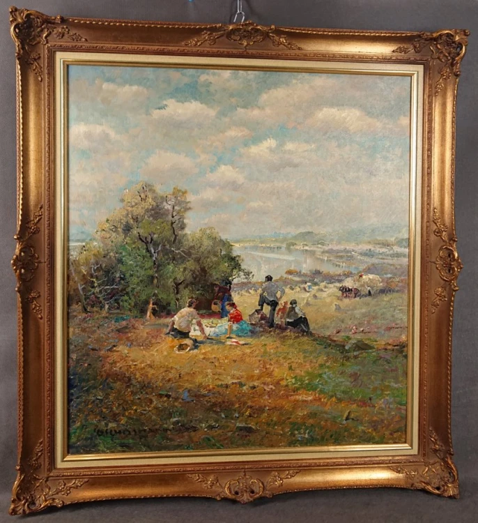 Całość obrazu olejnego Piknik nad jeziorem w ozdobnej oprawie złoconej Ludwig Gschossmann