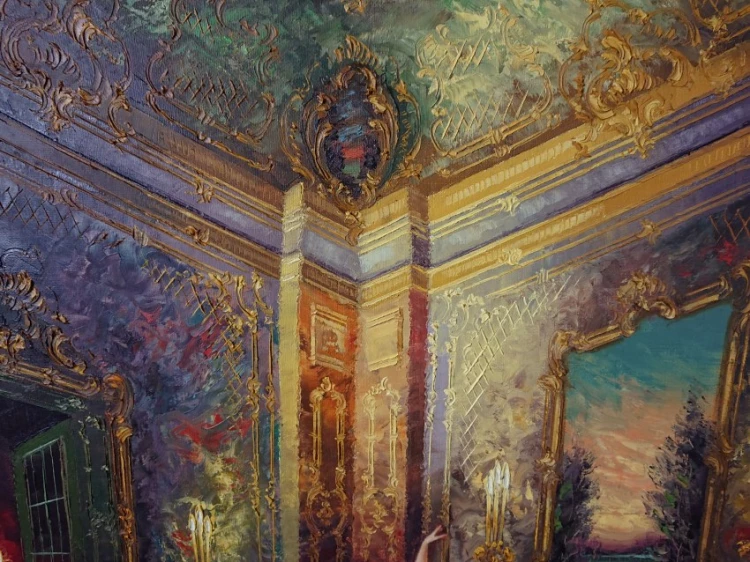 Zbliżenie na fakturę malarską impasto i złocone gzymsy w narożniku sali pałacowej