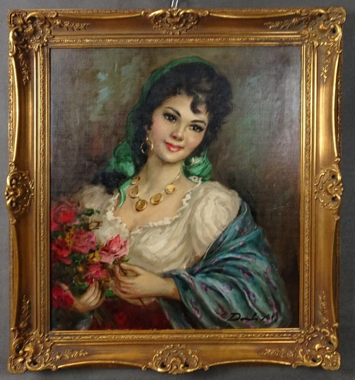 Obraz olejny Marlene Dombi Hiszpanka z rozami w bogatej ramie ze złoceniami