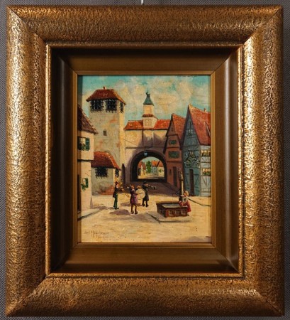 Obraz olejny Emil Hildebrand Scena rodzajowa muzykanci miniatura w szerokiej ramie
