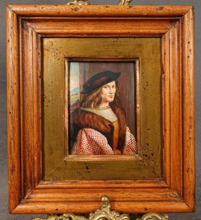 Obraz olejny Ida Calzolari Portret renesansowy miniatura w drewnianej ramie z mosiężnym passe-partout