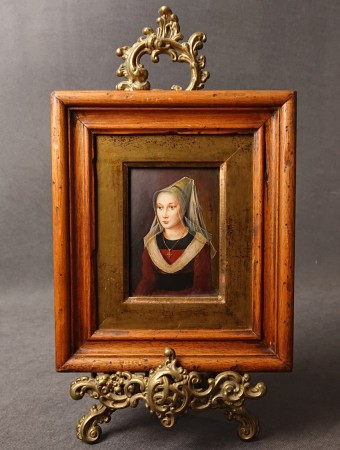 Obraz olejny Ida Calzolari Portret renesansowej damy w welonie miniatura w drewnianej ramie